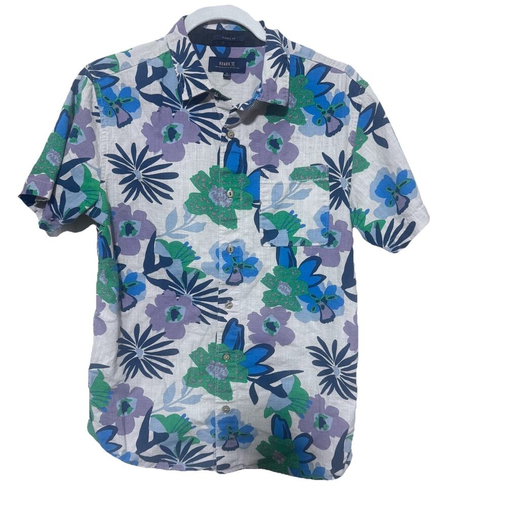 Roark Shirt Mens S Floral Hawaiian Short Sleeve Button Up Linen organic cotton‎